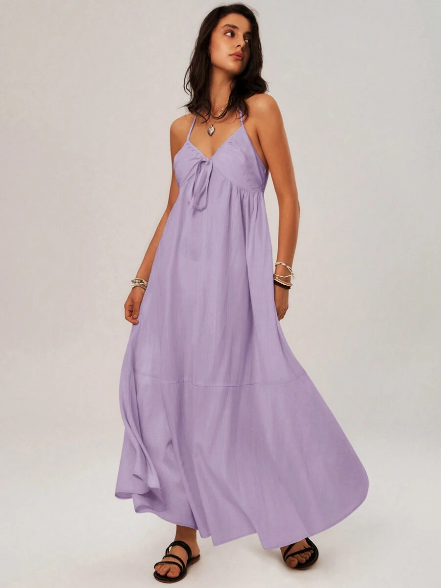 Bohemela Ladies' Solid Color Front Tie Long Halter Neck Strap Dress For Vacation - Purple - View 1