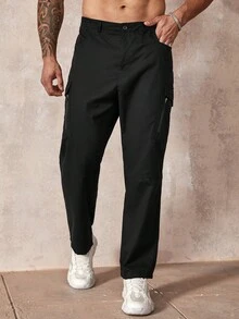Manfinity Homme Men's Plus Size Black Casual Cargo Pants With Zippered Pockets - Black - View 5
