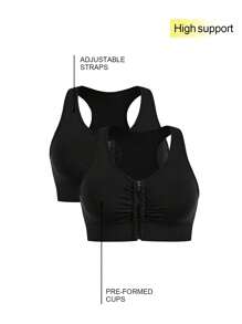 Easithlete Plus 2pcs Ruched Front Sports Bra - Black - View 3