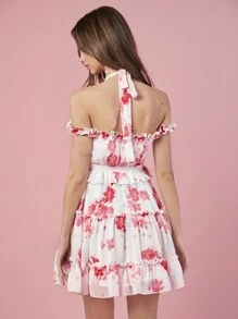 Enchnt Vestido Con Cuello Halter, Diseño Con Estampado De Flores Y Detalles De Volantes Para Mujeres - Rosa - Ver 2
