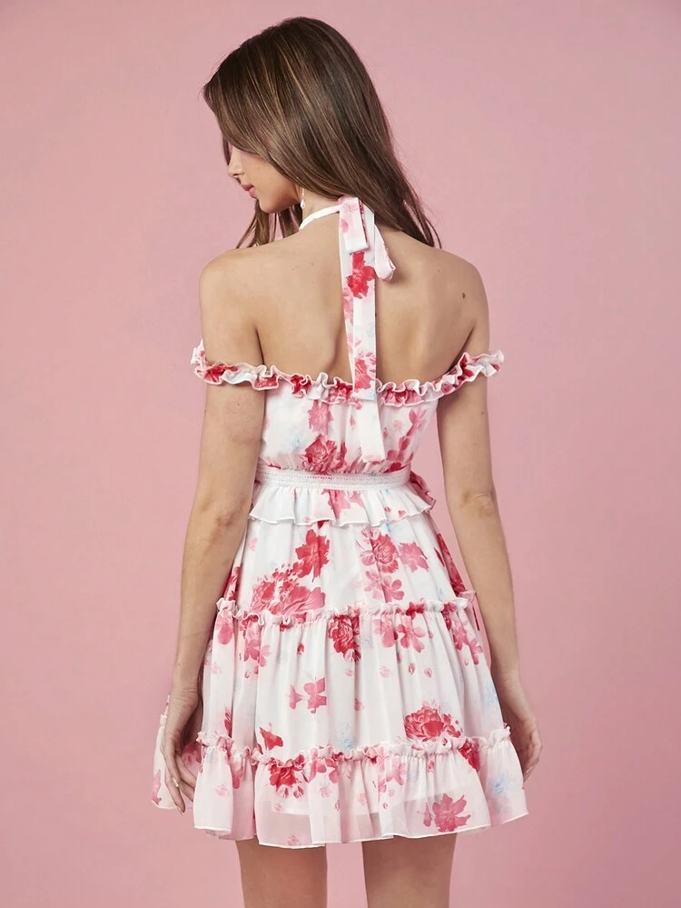 Women's Halter Neck Flower Print Frill Trim Long Sleeve Summer Dress Sundress Short