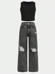 Leap Crew Leap Crew Tween Girls' Spring Summer Boho 2 Pieces Solid Tank Top Vest& Stonewashed Distressed Ripped Denim Straight Leg Jeans Set,Summer Girls Set Clothes Outfits - Black - View 5