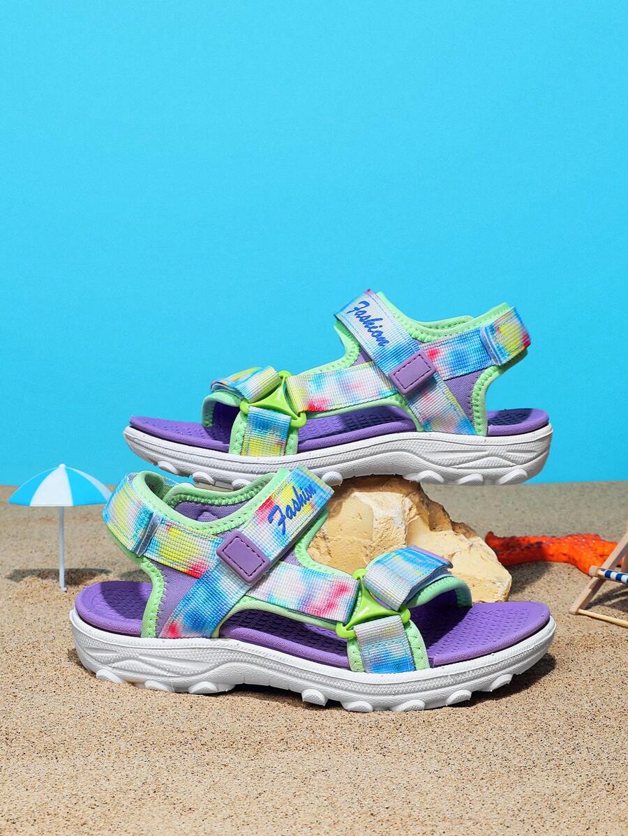 兒童春夏期清新對比色透氣防滑經典涼鞋,兩個扣環和魔鬼氈設計,適用於日常休閒穿搭,校園季節鞋款 - 彩色 - 查看 1