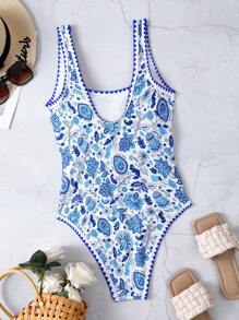 Swim Lushoire Plus Size Summer Beach Floral Print One Piece Swimsuit For Vacation - Blue and White - View 2