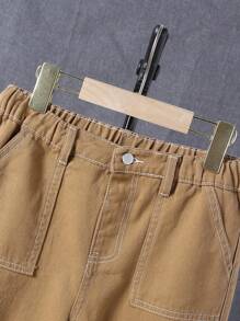 兒童男生帶口袋工裝風純色牛仔褲 - 卡其色 - 查看 5