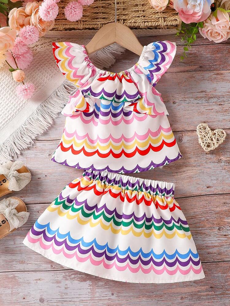 Baby Girl Gorgeous Rainbow Print Wave & Cap Sleeve Blouse With Skirt, Summer Style