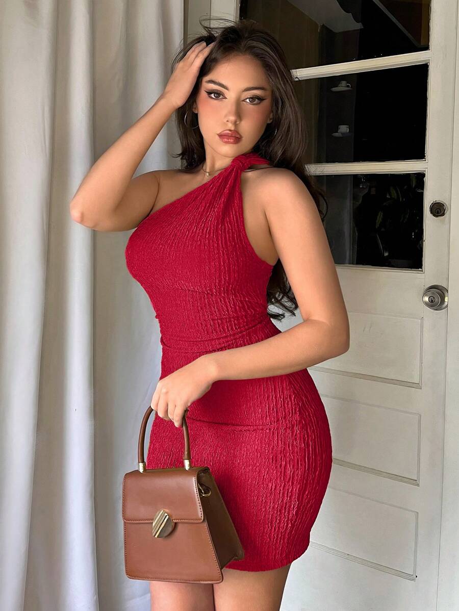 Aloruh 夏季實色單肩緊身連衣裙 - 紅色 - 查看 1