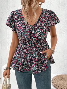 SHEIN Frenchy Women's Modest Tops V-Neck Ruffle Sleeve Cinching Waist Casual Holiday Shirt - Multicolor - View 1