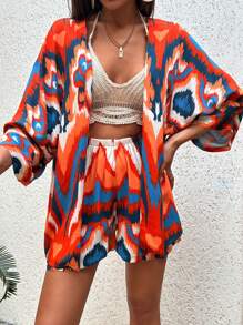 SHEIN Ensemble Imprimé Kimono Et Mini-short Avec Effet Marbré Multicouleur Partout