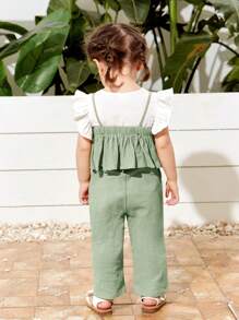 SHEIN Conjunto Casual De 3 Piezas Para Niña, Top Con Volantes En Las Mangas, Tirantes Y Pantalones Largos Con Cintura Elástica