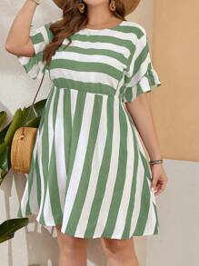 EMERY ROSE 加大碼夏季色塊條紋荷葉袖束腰連衣裙 - 綠色 - 查看 1