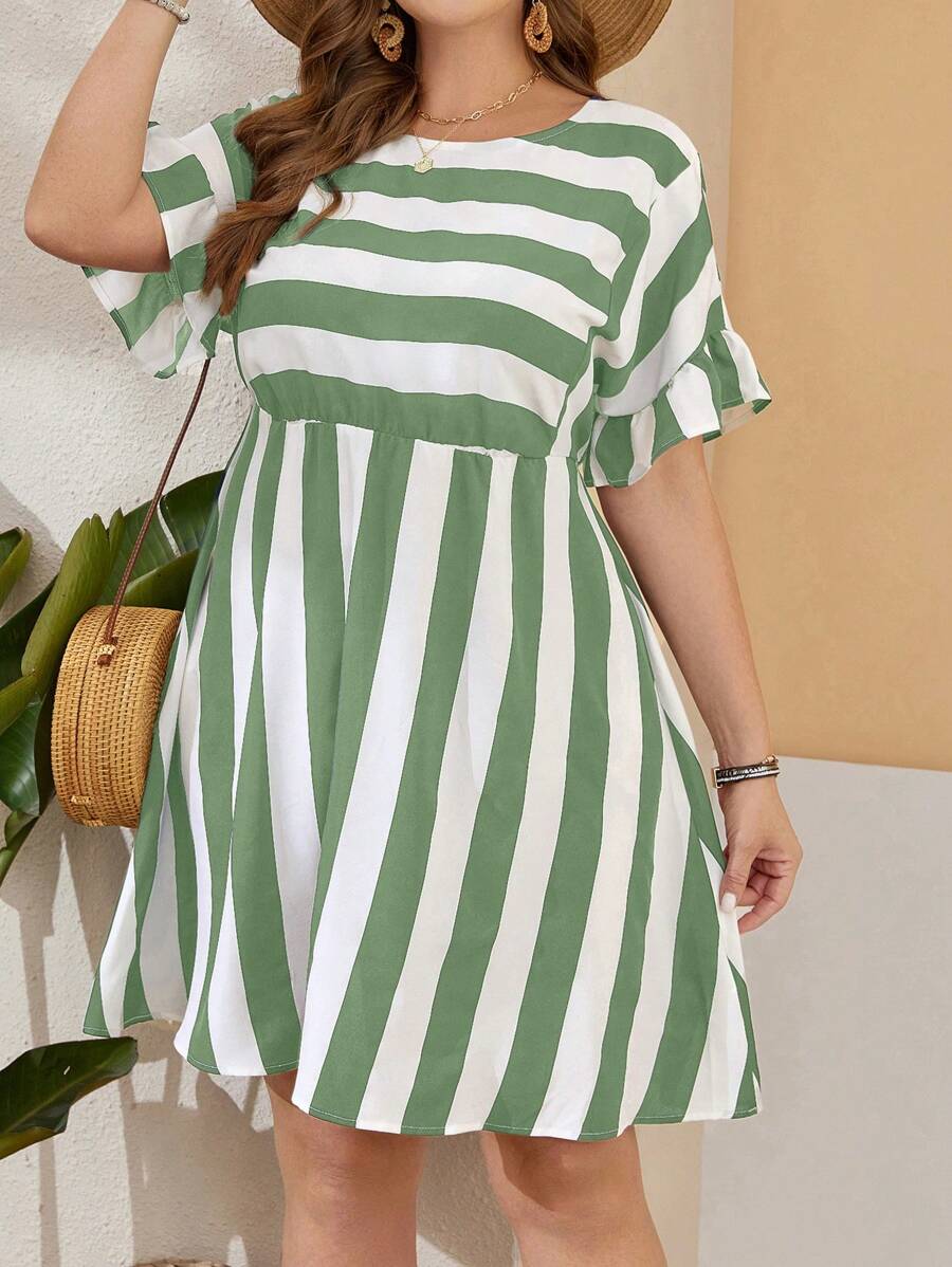 EMERY ROSE 加大碼夏季色塊條紋荷葉袖束腰連衣裙 - 綠色 - 查看 1