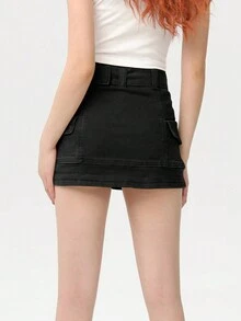 Rikumo Y2K 街头复古翻盖口袋饰带细节工装牛仔迷你裙 夏季辣妹音乐节休闲黑色 - 黑色 - 查看 3