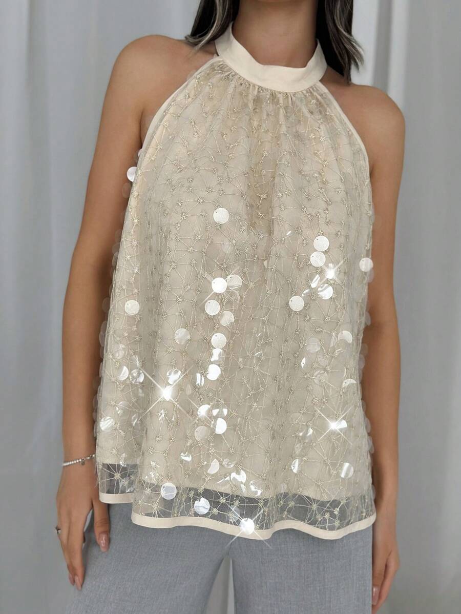 SHEIN Privé Sleeveless Shirt With Sparkling Embroidery Detail And Pleated Design - Apricot - View 1