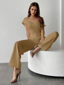 Firerie Ladies Solid Color Asymmetric Collar Top And Pants Two Pieces Set - Khaki - View 5