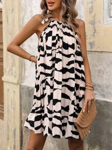 SHEIN LUNE Women's Random Printed Pleated Halterneck Dress - Multicolor - View 1