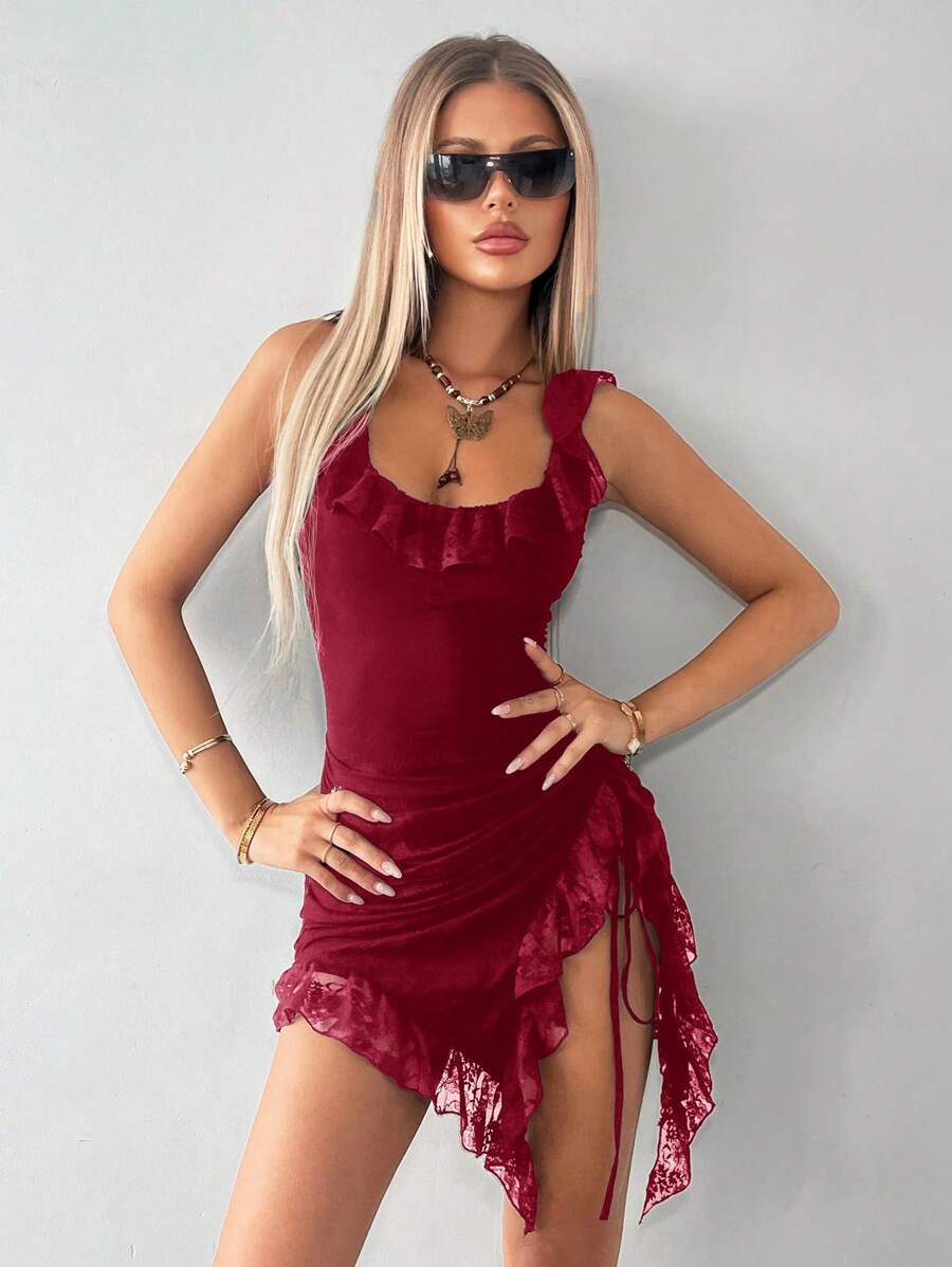 SHEIN ICON Ren tương phản Bên dây rút Viền Ruffle Váy bất đối xứng - Màu Đỏ Sâu - Xem 1