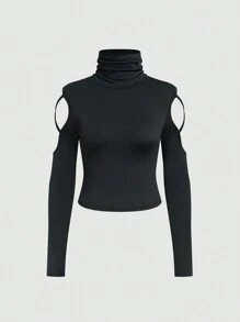 INAWLY 女士高領鑽孔袖t恤 - 黑色 - 查看 3