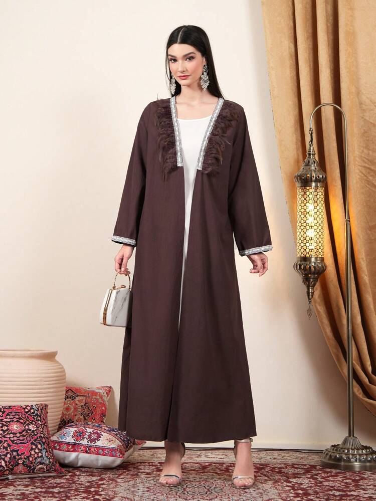 Women's Elegant Abaya With Feather Decoration, Arabian Style, Muslim Fashion Abaya For Casual/Festival/Gathering/Travel