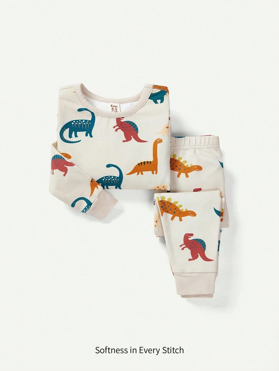 Cozy Pixies 嬰兒男童緊身卡通動物圖案圓領上衣和長褲睡衣套裝 - 杏色 - 查看 1