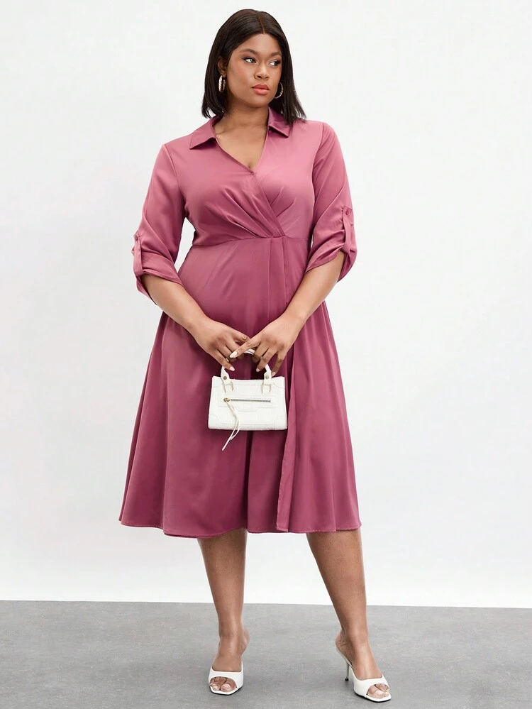 Solid Color Elegant Collared Mid-Length Casual Dress