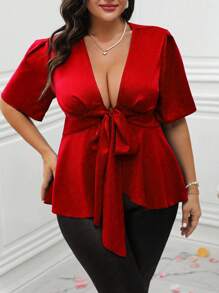 Celure Plus Size Solid Color Deep V-Neck Tie Front Shirt For New Year Clothes Peplum Top - Red - View 3
