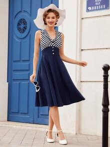 Vintamour Váy ô cổ chữ V kẻ sọc màu cổ điển cho nữ, không tay phía trước, phong cách xanh navy, kiểu ô dù cho kỳ nghỉ xuân/hè, ngày của mẹ, váy mùa hè cho nữ, váy mùa hè, váy suông, váy Hawaii, trang phục mùa hè, váy thường ngày, váy màu xanh, váy ngày 4 tháng 7, váy Derby, trang phục ngày của mẹ, màu xanh navy, cổ điển, trang phục tốt nghiệp, trang phục cưới, váy mùa hè thường ngày, váy ăn trưa - Màu xanh hải quân - Xem 5
