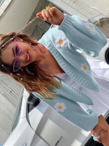 Chiquease Women Cardigans Bunga Plants Casual - Baby Blue - View 5