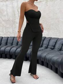 SHEIN SXY Bộ áo bó sát màu trơn không dây thời trang dành cho nữ và quần ống loe - màu đen - Xem 3