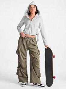 Streetz SHEIN Sport Women's Fashionable Lightweight Casual Drawstring Short Sports Jacket - Grey - View 5