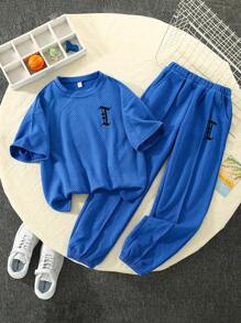 Cậu bé Tween Giải trí In thư Vòng cổ Ngắn tay Áo thun Và Dài Quần Bộ - Màu xanh lam - Xem 1