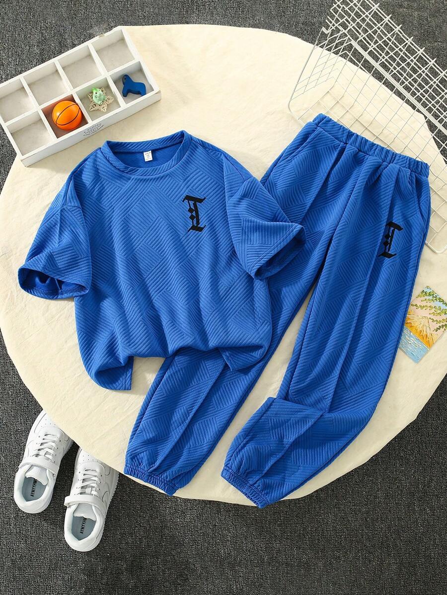 Cậu bé Tween Giải trí In thư Vòng cổ Ngắn tay Áo thun Và Dài Quần Bộ - Màu xanh lam - Xem 1