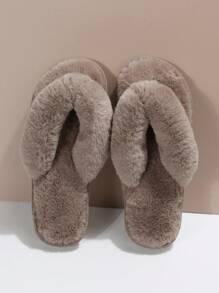 Fall/Winter Flat Women's Flip Flops With Toe Clamp, Comfortable Indoor Slippers,Fluffy Slippers - Khaki - View 3