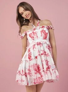 Enchnt Vestido Con Cuello Halter, Diseño Con Estampado De Flores Y Detalles De Volantes Para Mujeres - Rosa - Ver 6
