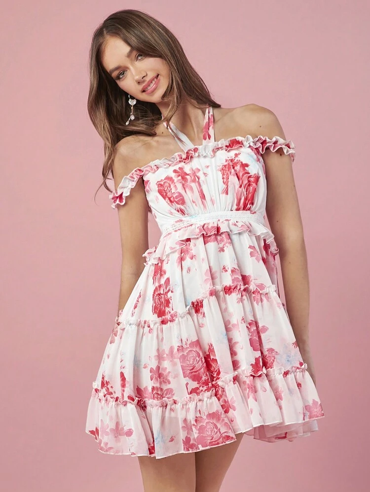 Women's Halter Neck Flower Print Frill Trim Long Sleeve Summer Dress Sundress Short