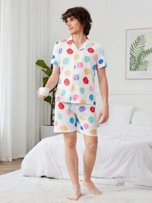 青少年男孩彩色面孔印花短袖鈕扣衫和短褲休閒2件套居家服套裝