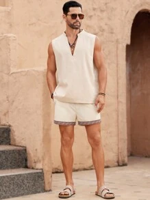 Manfinity VCAY Men's Casual Weaving Shorts With Pockets, Geometric Printed Patchwork Graphic Vacation Color Block Shorts, For Husband, Boyfriend Gifts