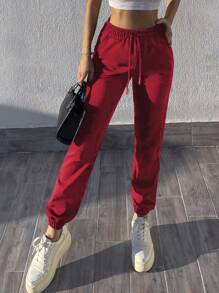 Cloudara Women's Drawstring Cuffed Jogger Pants - Red - View 3