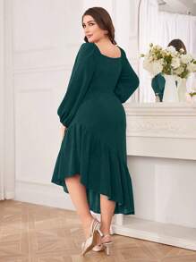 Modelyn Plus Size Spring/Summer Solid Color Lantern Sleeves Asymmetrical Hem Dress - Dark Green - View 2
