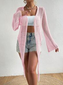 SHEIN Essnce Women's Solid Color Hollow Out Fashion Kimono Cover-Up Summer - Pink - View 4