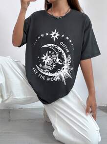 Flirla Camiseta De Manga Corta Con Cuello Redondo Y Patrón De Estrellas Y Lunas, Perfecta Para Usar Durante El Verano