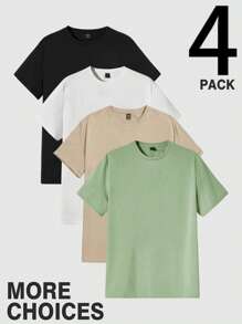 Manfinity Homme Set de 4 camisetas básicas de cuello redondo de manga corta y unicolor para hombre, paquete de camisas, regalo para el novio, para salir - Multicolor - Ver 1