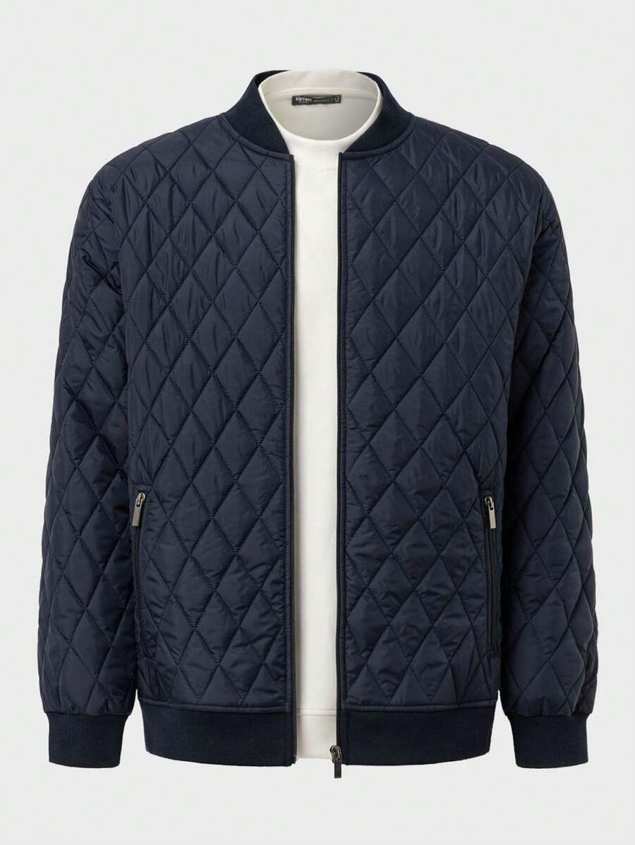 RueChic Men's Simple Casual Diamond Stitching & Zippered Pockets Baseball Collar Jacket - Navy Blue - View 1