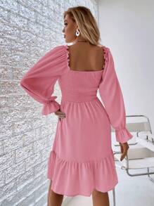 SHEIN LUNE Spring Casual Pleated Long Sleeves Dress With Ruffle Hem Fall Cloth For Women - Pink - View 2
