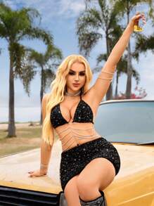 SHEIN SXY Women's Sequin Patchwork Metal Chain Open Back Halter Neck Sexy Dress For Performance - Black - View 6