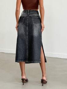 RueChic Rigid, Long Skirt With Slit - Grey - View 2