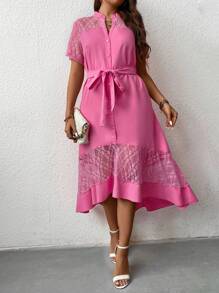 SHEIN Clasi Dress Ukuran Plus Berikat Tombol Kontras Lace Blok Warna Plain Anggun - Berwarna merah muda - View 4