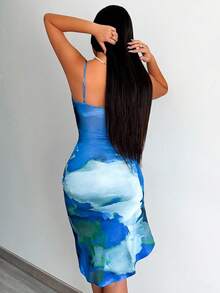 VaVaBold Vestido midi con cintura ceñida, tirantes de espagueti y estampado para mujeres - Azul - Ver 2