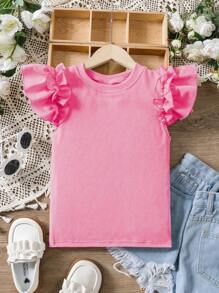 Tween Girl Solid Color Ruffle Trim T-Shirt For Summer - Pink - View 3