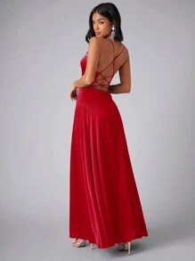 SHEIN Belle Draped Collar Wrap Hem Cami Dress - Red - View 2